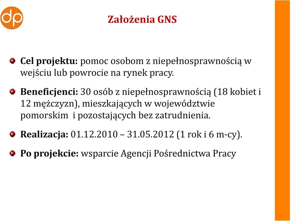 Beneficjenci: 30 osób z niepełnosprawnością (18 kobiet i 12 mężczyzn), mieszkających w