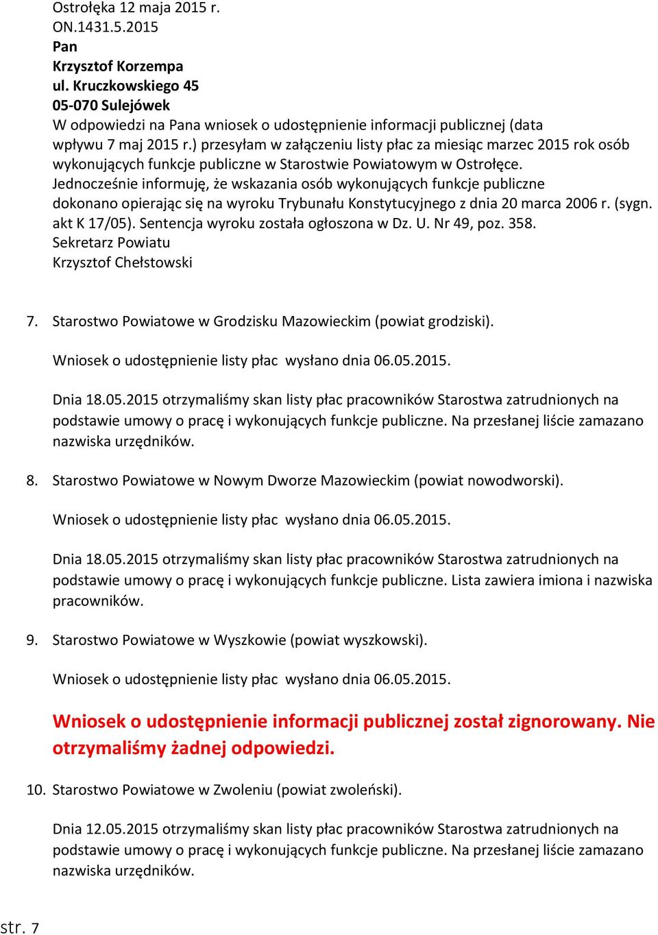 Jednocześnie informuję, że wskazania osób wykonujących funkcje publiczne dokonano opierając się na wyroku Trybunału Konstytucyjnego z dnia 20 marca 2006 r. (sygn. akt K 17/05).