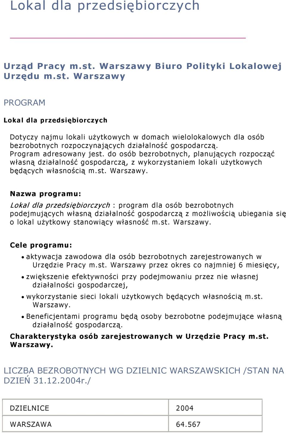 Warszawy PROGRAM Lokal dla przedsiębiorczych Dotyczy najmu lokali użytkowych w domach wielolokalowych dla osób bezrobotnych rozpoczynających działalność gospodarczą. Program adresowany jest.