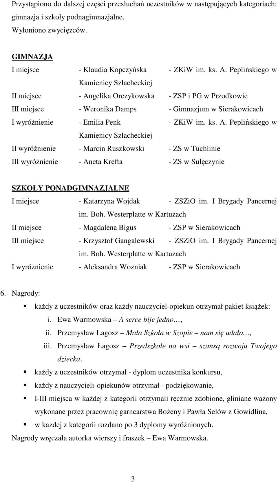 gelika Orczykowska - ZSP i PG w Przodkowie III miejsce - Weronika Damps - Gimnazjum w Sierakowicach I wyróżnienie - Emilia Penk - ZKiW im. ks. A.