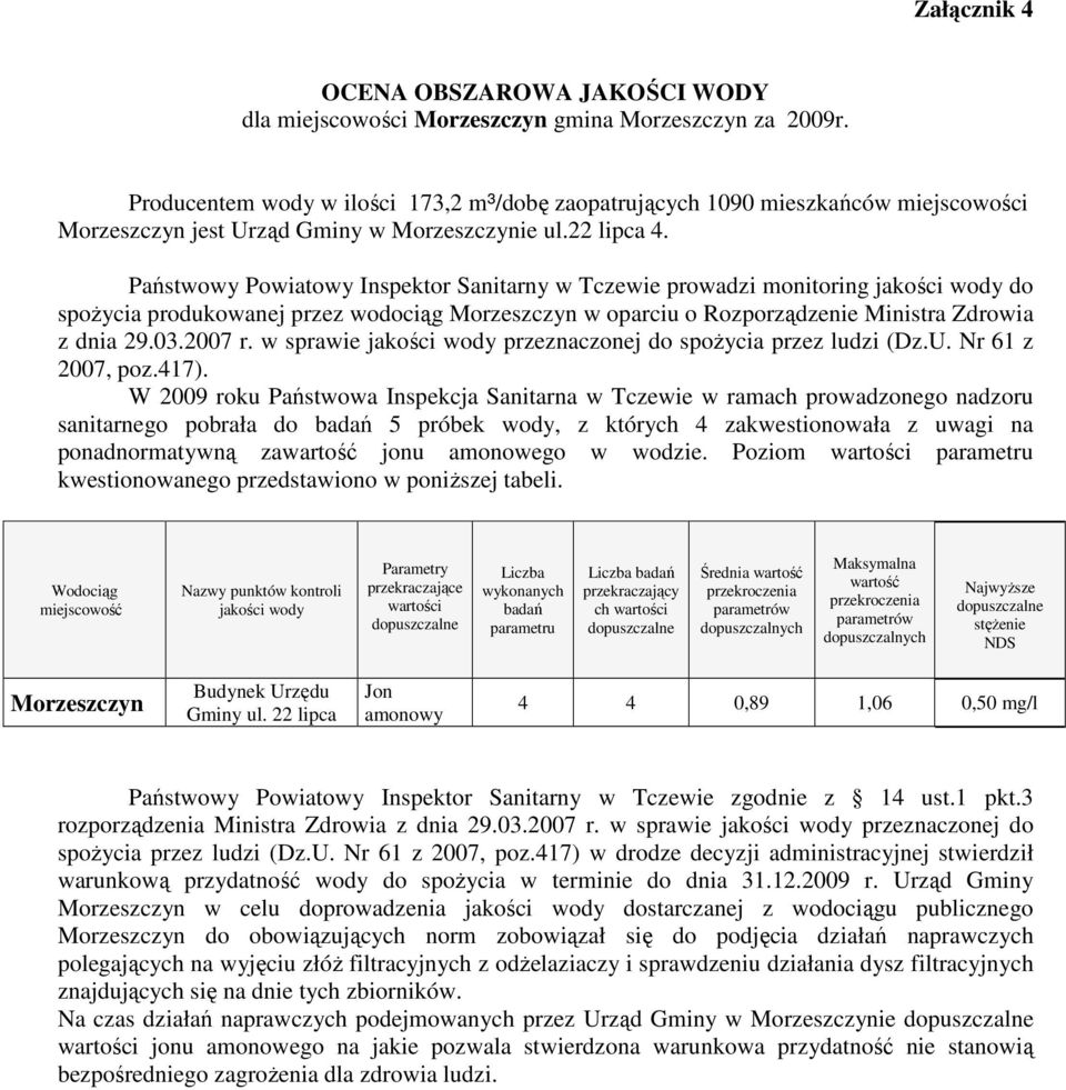 47). W 009 roku Państwowa Inspekcja Sanitarna w Tczewie w ramach prowadzonego nadzoru sanitarnego pobrała do 5 próbek, z których 4 zakwestionowała z uwagi na ponadnormatywną za jonu amonowego w