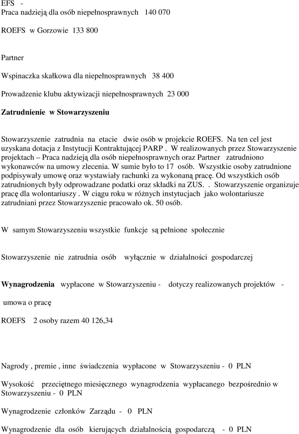 W realizowanych przez Stowarzyszenie projektach Praca nadzieją dla osób niepełnosprawnych oraz Partner zatrudniono wykonawców na umowy zlecenia. W sumie było to 17 osób.