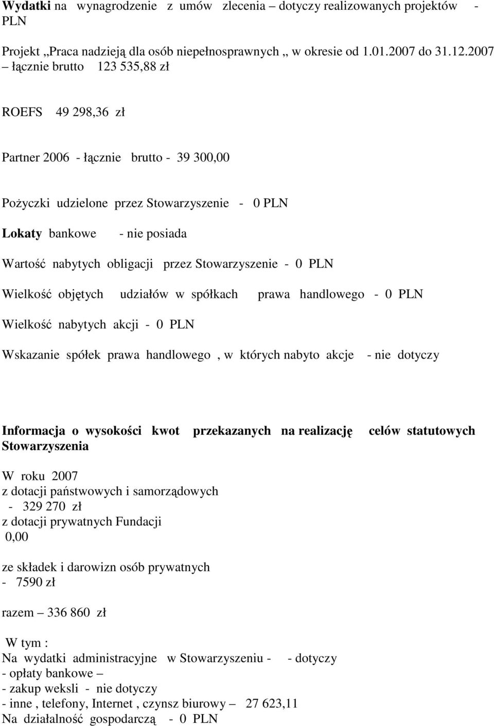 przez Stowarzyszenie - 0 PLN Wielkość objętych udziałów w spółkach prawa handlowego - 0 PLN Wielkość nabytych akcji - 0 PLN Wskazanie spółek prawa handlowego, w których nabyto akcje - nie dotyczy