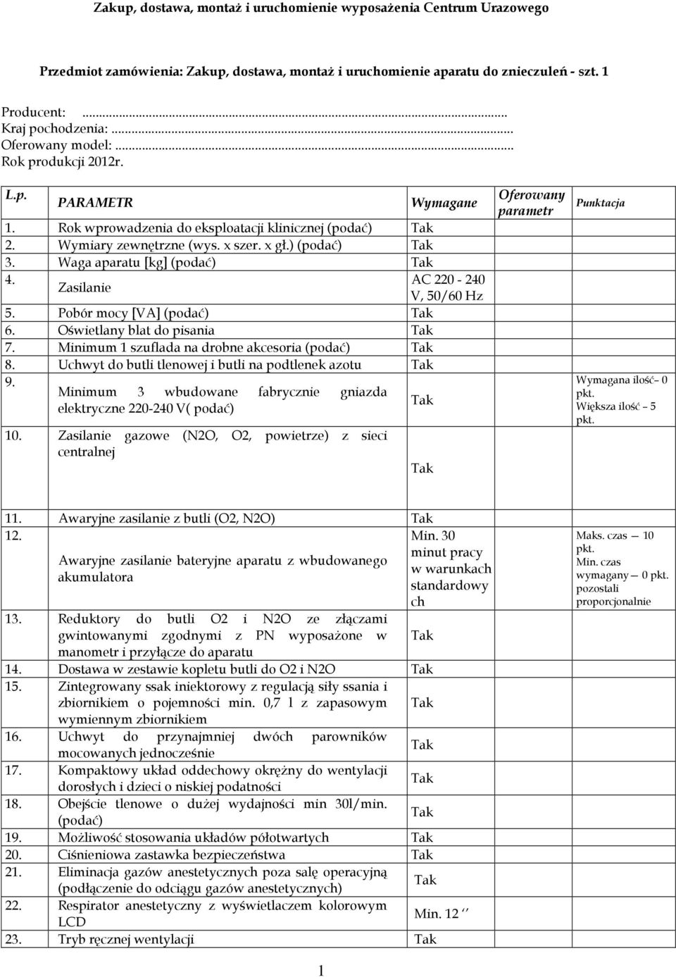 Waga aparatu [kg] (podać) 4. AC 220-240 Zasilanie V, 50/60 Hz 5. Pobór mocy [VA] (podać) 6. Oświetlany blat do pisania 7. Minimum 1 szuflada na drobne akcesoria (podać) 8.