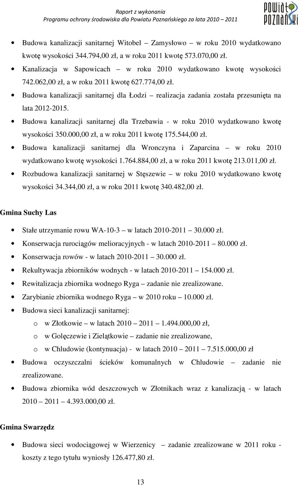 Budowa kanalizacji sanitarnej dla Łodzi realizacja zadania została przesunięta na lata 2012-2015. Budowa kanalizacji sanitarnej dla Trzebawia - w roku 2010 wydatkowano kwotę wysokości 350.