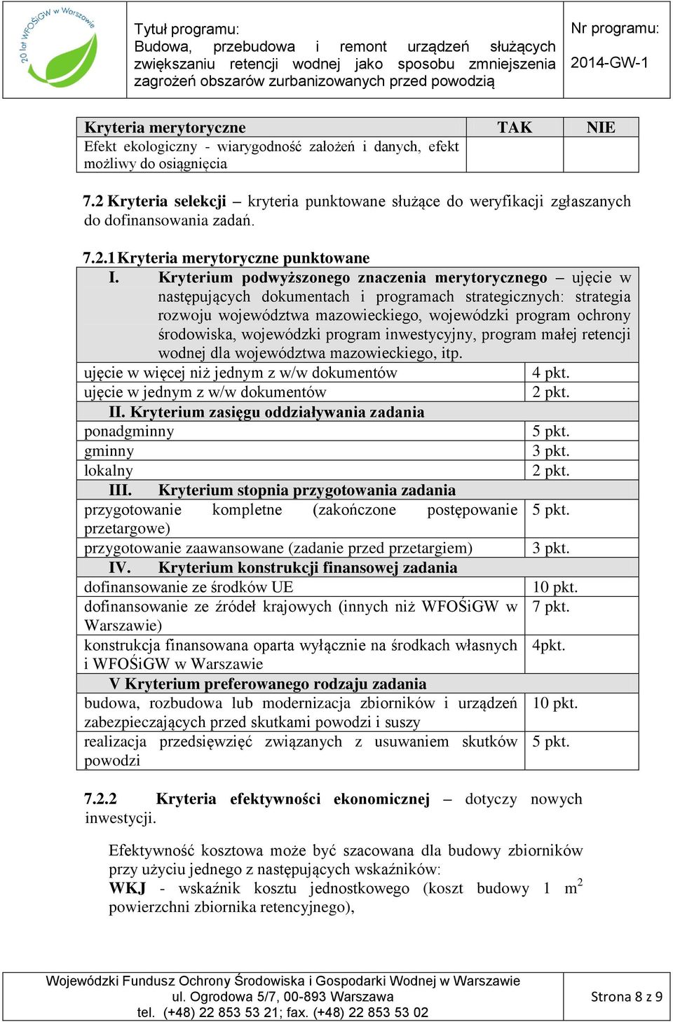 Kryterium podwyższonego znaczenia merytorycznego ujęcie w następujących dokumentach i programach strategicznych: strategia rozwoju województwa mazowieckiego, wojewódzki program ochrony środowiska,