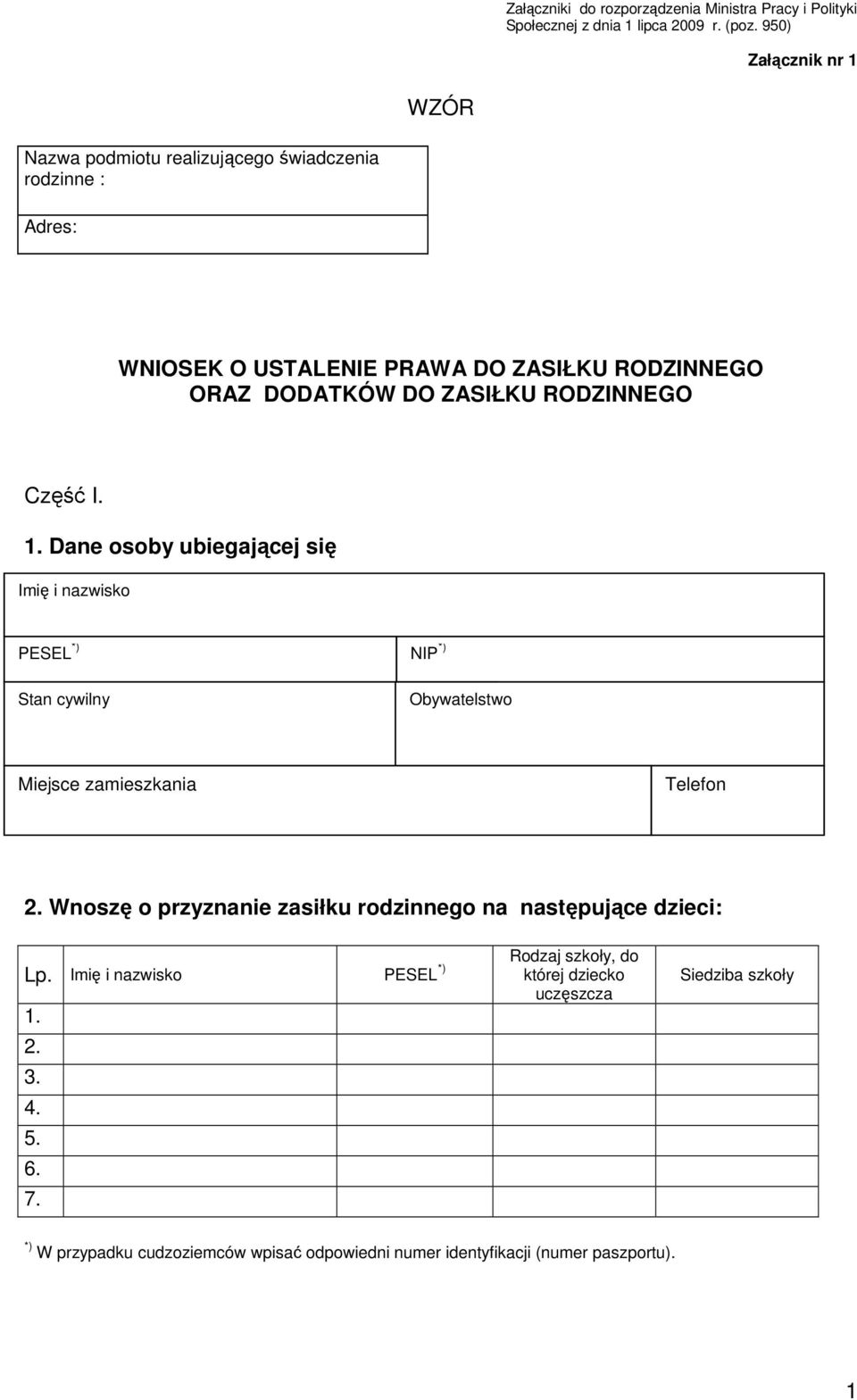 RODZINNEGO Część I. 1. Dane osoby ubiegającej się Imię i nazwisko 1.Dane wnioskodawcy PESEL NIP Stan cywilny Obywatelstwo Miejsce zamieszkania Telefon 2.