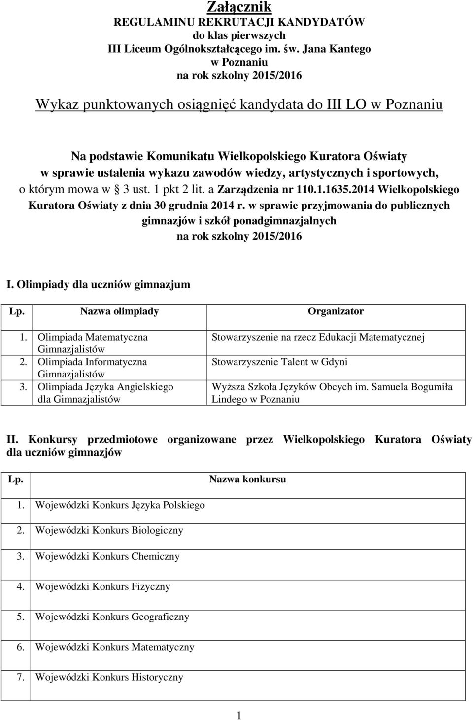 artystycznych i sportowych, o którym mowa w 3 ust. 1 pkt 2 lit. a Zarządzenia nr 110.1.1635.2014 Wielkopolskiego Kuratora Oświaty z dnia 30 grudnia 2014 r.