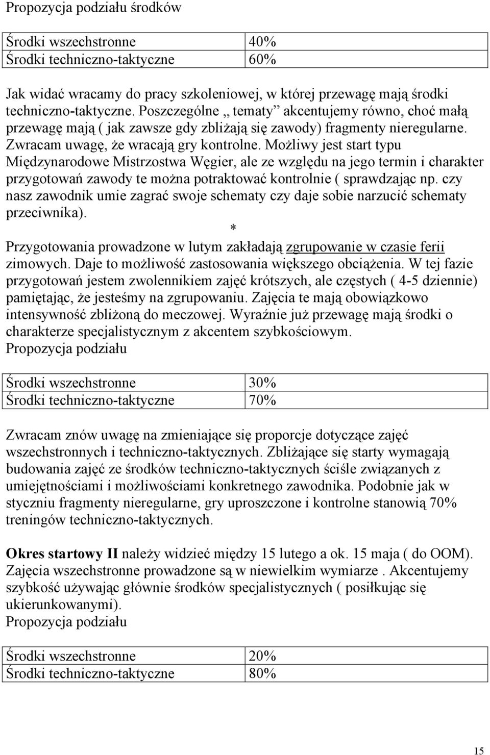 Możliwy jest start typu Międzynarodowe Mistrzostwa Węgier, ale ze względu na jego termin i charakter przygotowań zawody te można potraktować kontrolnie ( sprawdzając np.