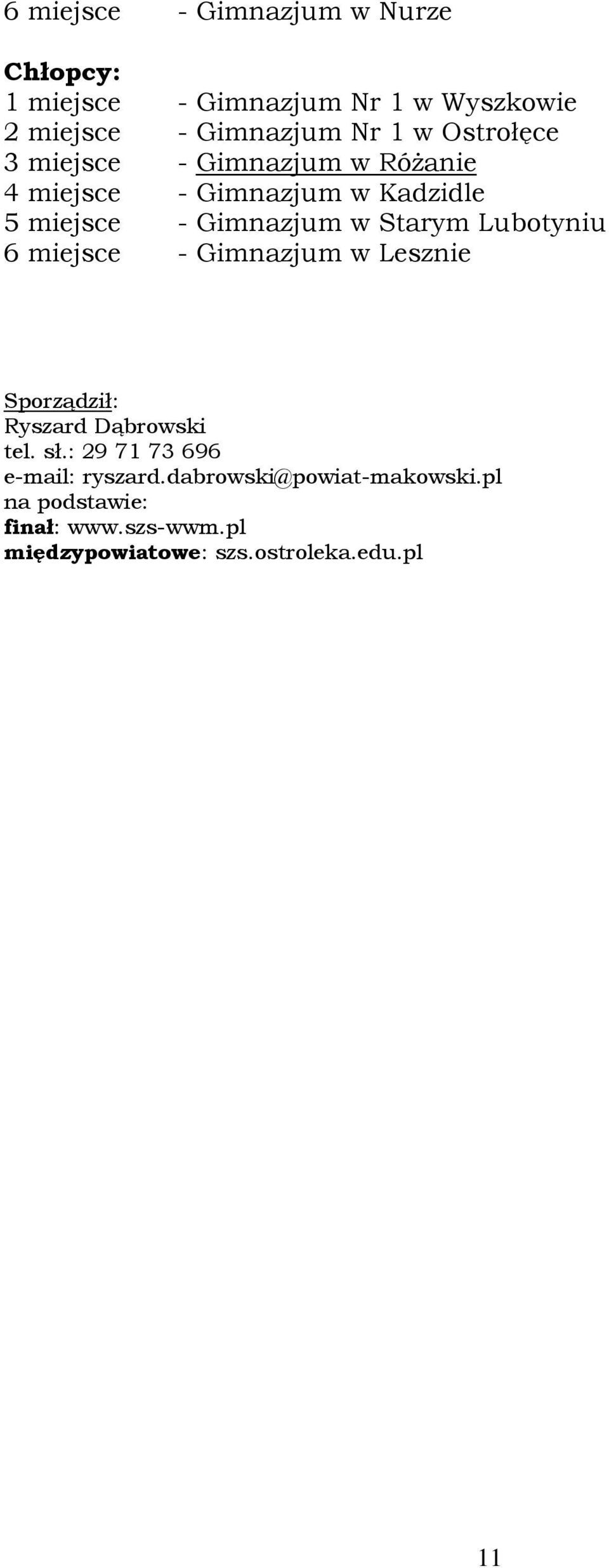 Starym Lubotyniu 6 miejsce - Gimnazjum w Lesznie Sporządził: Ryszard Dąbrowski tel. sł.