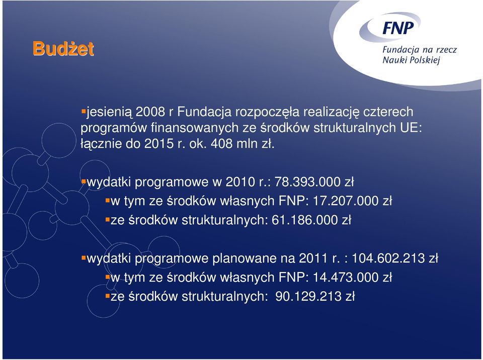 000 zł w tym ze środków własnych FNP: 17.207.000 zł ze środków strukturalnych: 61.186.