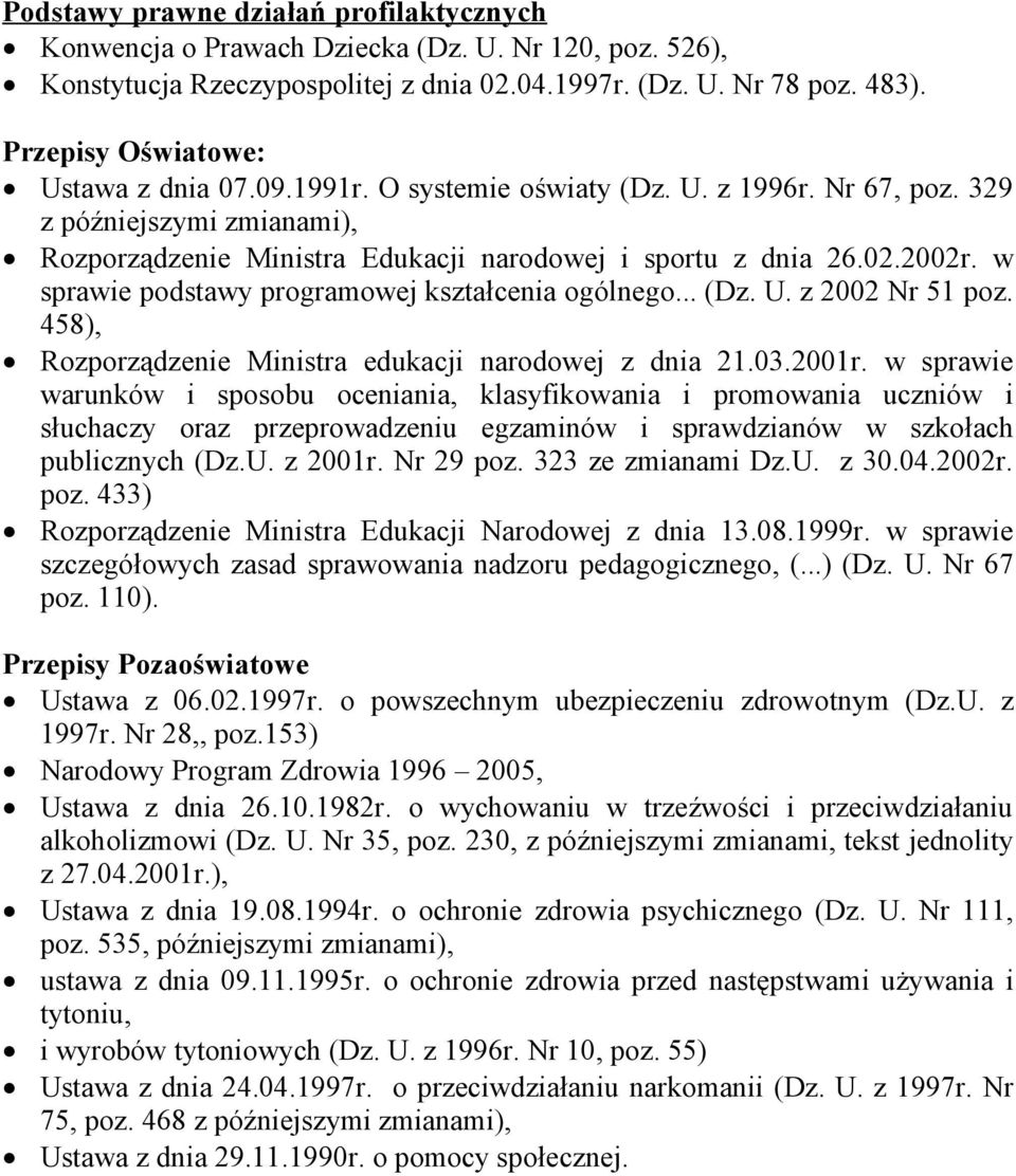 w sprawie podstawy programowej kształcenia ogólnego... (Dz. U. z 2002 Nr 51 poz. 458), Rozporządzenie Ministra edukacji narodowej z dnia 21.03.2001r.