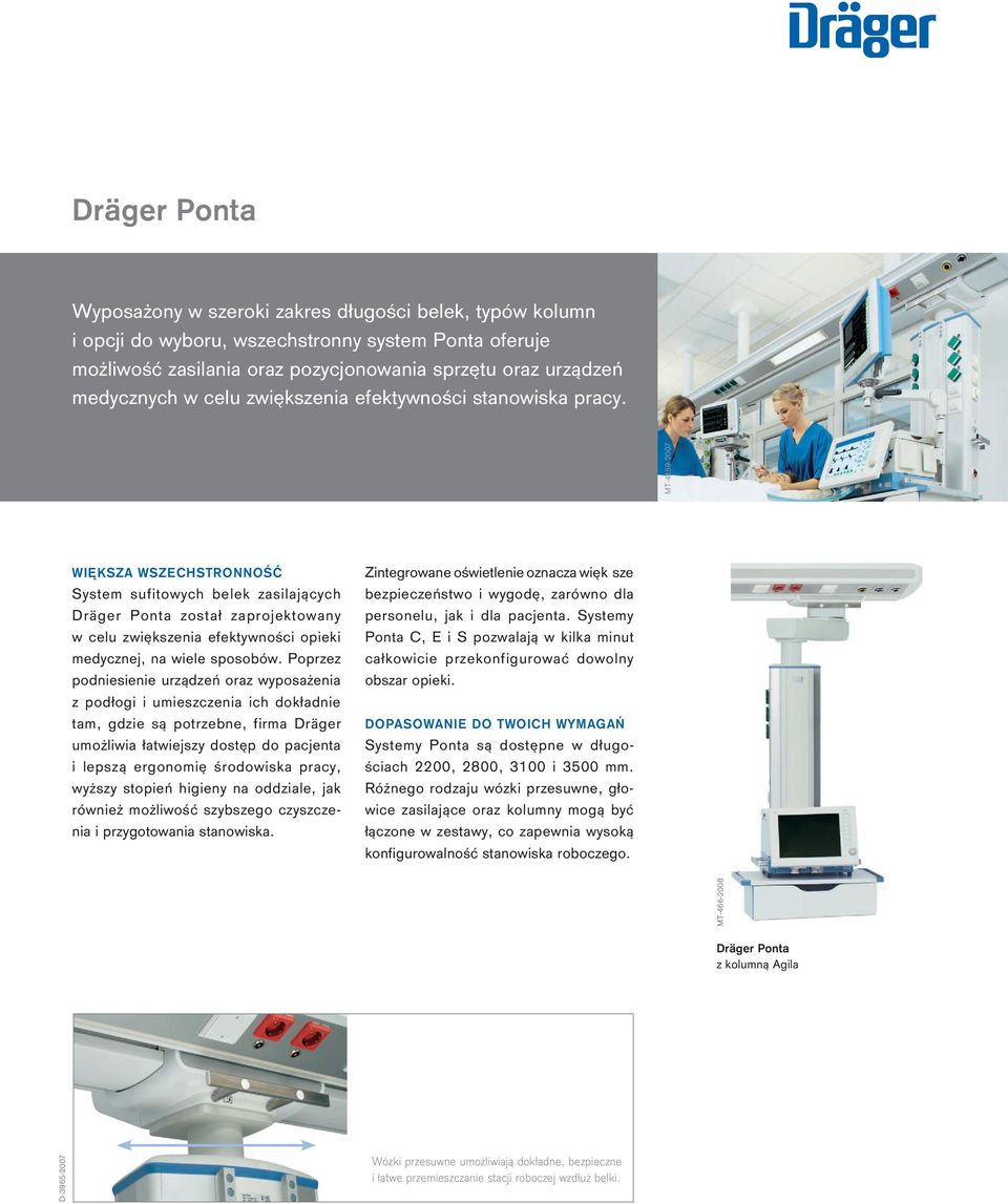 MT-4159-2007 WIĘKSZA WSZECHSTRONNOŚĆ System sufitowych belek zasilających Dräger Ponta został zaprojektowany w celu zwiększenia efektywności opieki medycznej, na wiele sposobów.