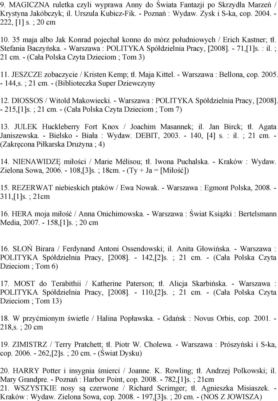 - (Cała Polska Czyta Dzieciom ; Tom 3) 11. JESZCZE zobaczycie / Kristen Kemp; tł. Maja Kittel. - Warszawa : Bellona, cop. 2005. - 144,s. ; 21 cm. - (Biblioteczka Super Dziewczyny 12.