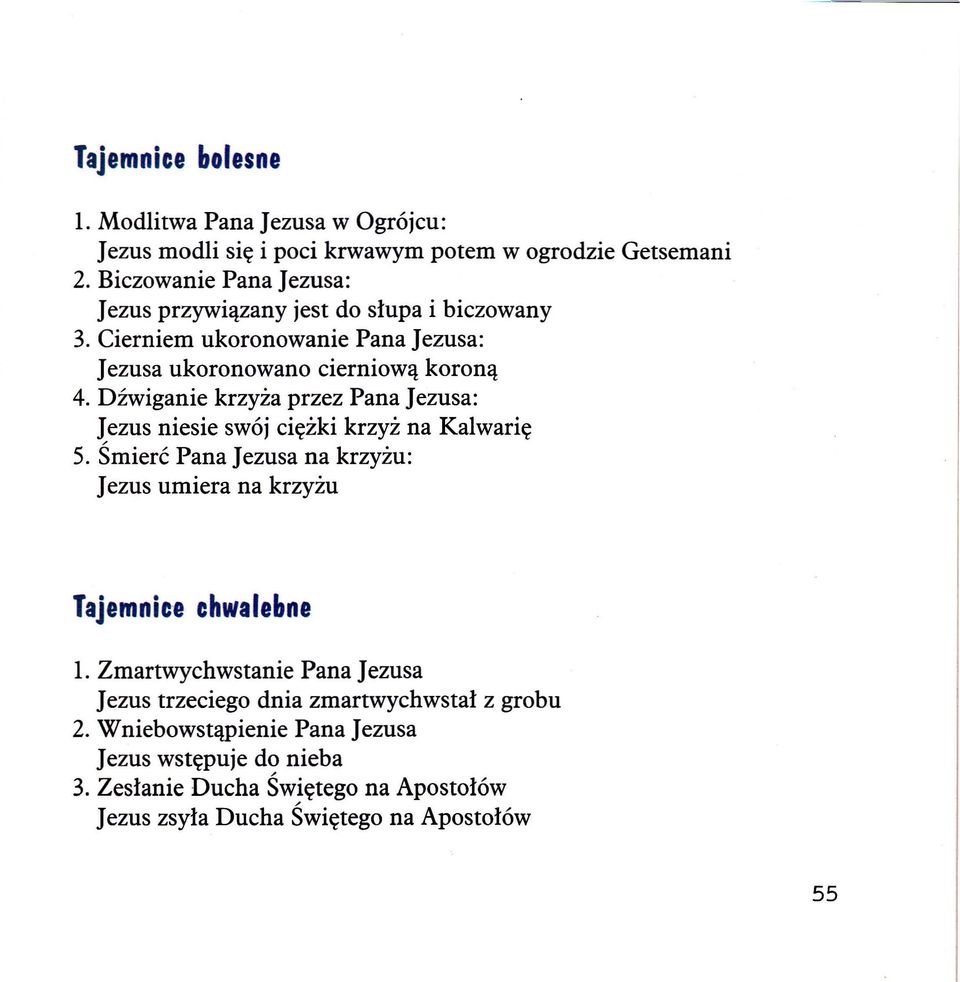 Dźwiganie krzyża przez Pana Jezusa: Jezus niesie swój ciężki krzyż na Kalwarię 5. Śmierć Pana Jezusa na krzyżu: Jezus umiera na krzyżu Tajemnice chwalebne l.