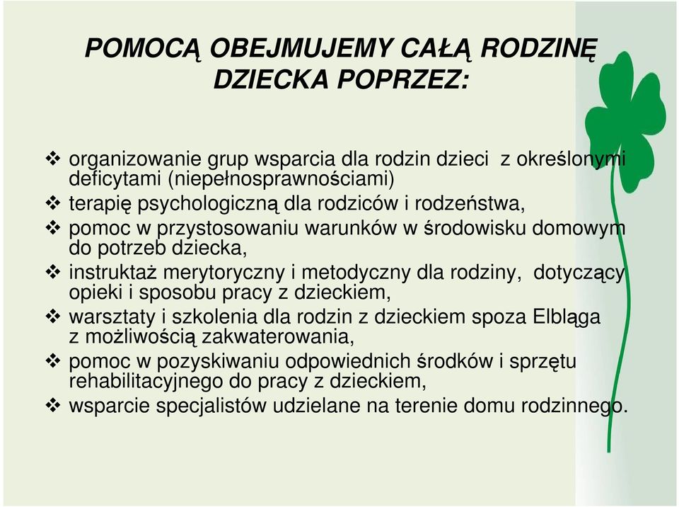 dla rodziny, dotyczący opieki i sposobu pracy z dzieckiem, warsztaty i szkolenia dla rodzin z dzieckiem spoza Elbląga z możliwością zakwaterowania,