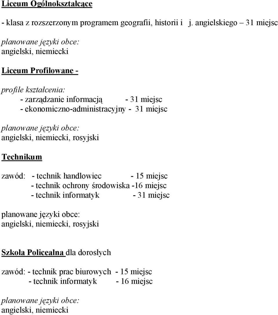 31 miejsc, rosyjski Technikum zawód: - technik handlowiec - 15 miejsc - technik ochrony środowiska -16 miejsc -