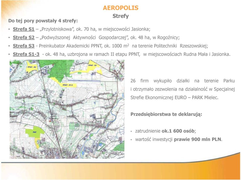 1000 m 2 na terenie Politechniki Rzeszowskiej; Strefa S1-3 - ok. 48 ha, uzbrojona w ramach II etapu PPNT, w miejscowościach Rudna Mała i Jasionka.