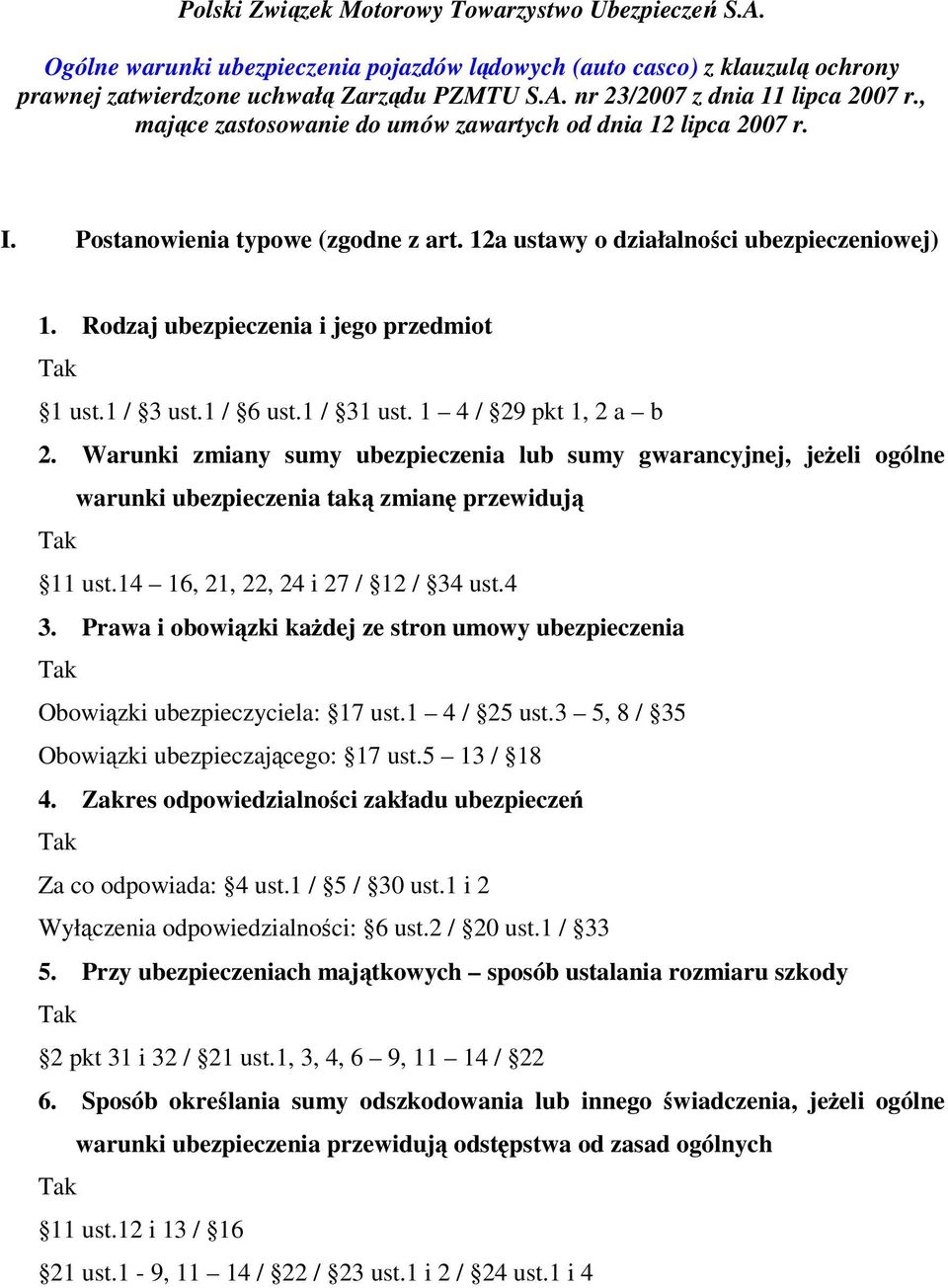1 / 3 ust.1 / 6 ust.1 / 31 ust. 1 4 / 29 pkt 1, 2 a b 2. Warunki zmiany sumy ubezpieczenia lub sumy gwarancyjnej, jeżeli ogólne warunki ubezpieczenia taką zmianę przewidują 11 ust.