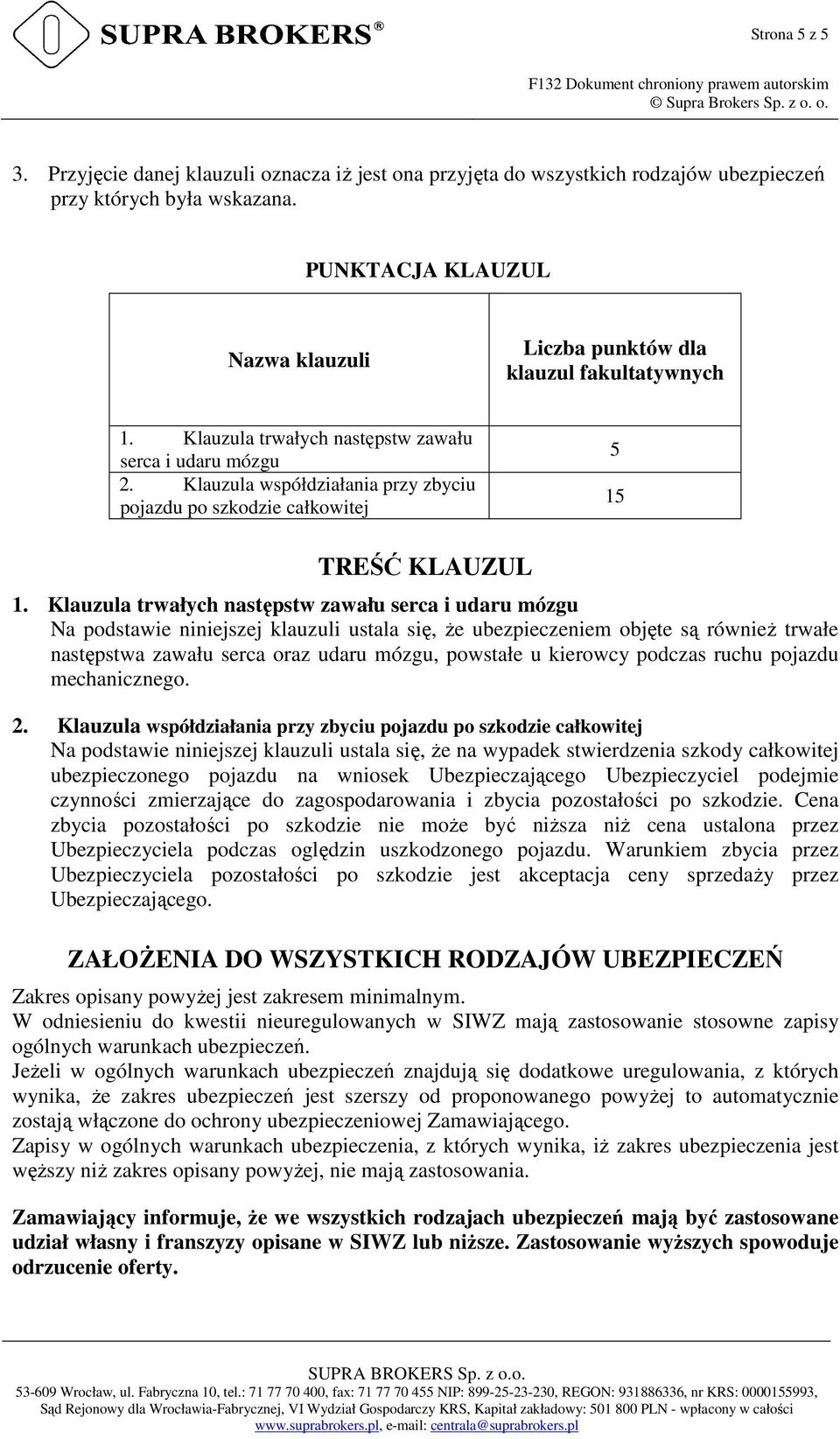 Klauzula współdziałania przy zbyciu pojazdu po szkodzie całkowitej 5 15 TREŚĆ KLAUZUL 1.