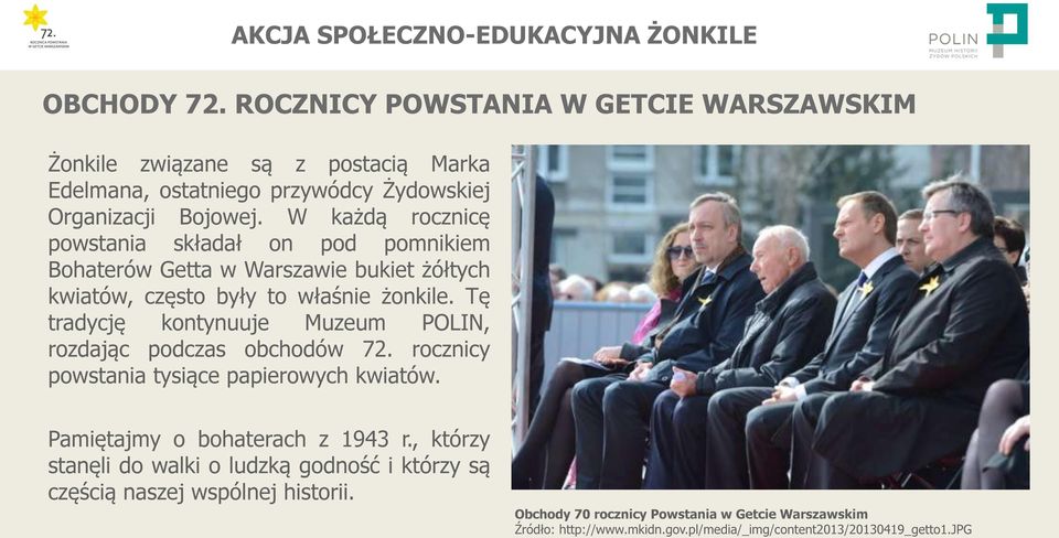 Tę tradycję kontynuuje Muzeum POLIN, rozdając podczas obchodów 72. rocznicy powstania tysiące papierowych kwiatów. Pamiętajmy o bohaterach z 1943 r.