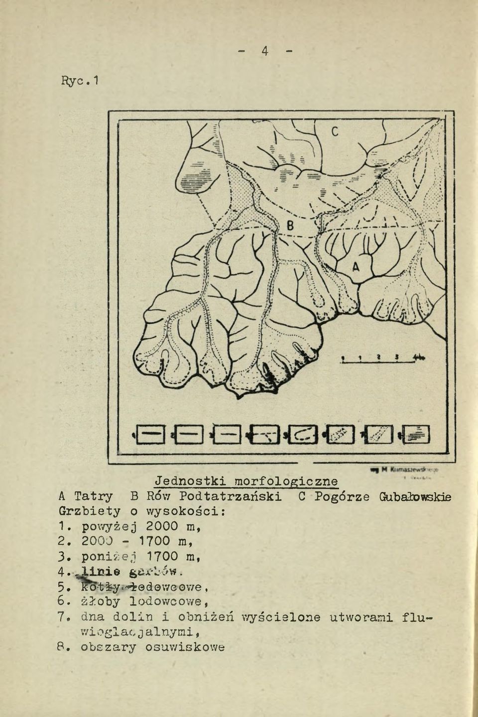 Grzbiety o wysokości: 1. powyżej 2000 m, 2. 2000-1700 m, 3. poniżej 1700 ra, 4.