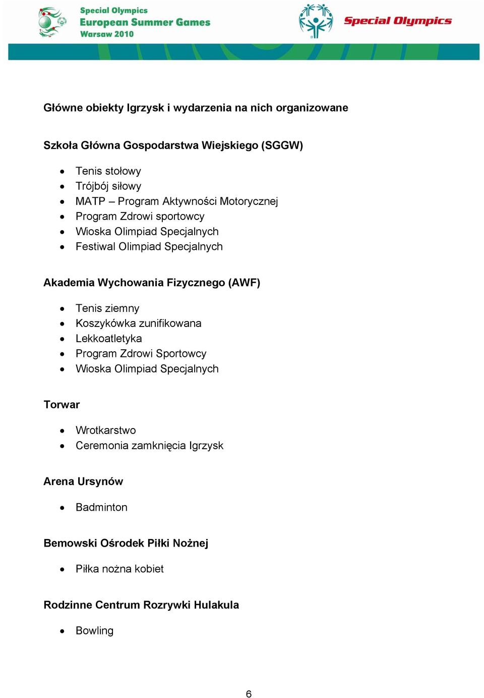 Fizycznego (AWF) Tenis ziemny Koszykówka zunifikowana Lekkoatletyka Program Zdrowi Sportowcy Wioska Olimpiad Specjalnych Torwar