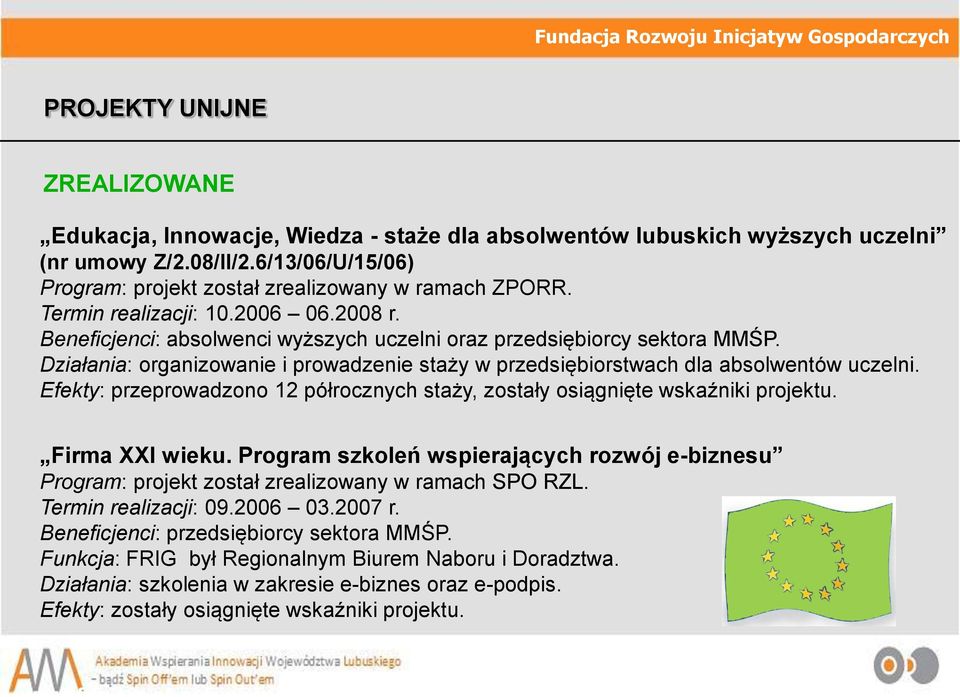 Działania: organizowanie i prowadzenie staży w przedsiębiorstwach dla absolwentów uczelni. Efekty: przeprowadzono 12 półrocznych staży, zostały osiągnięte wskaźniki projektu. Firma XXI wieku.