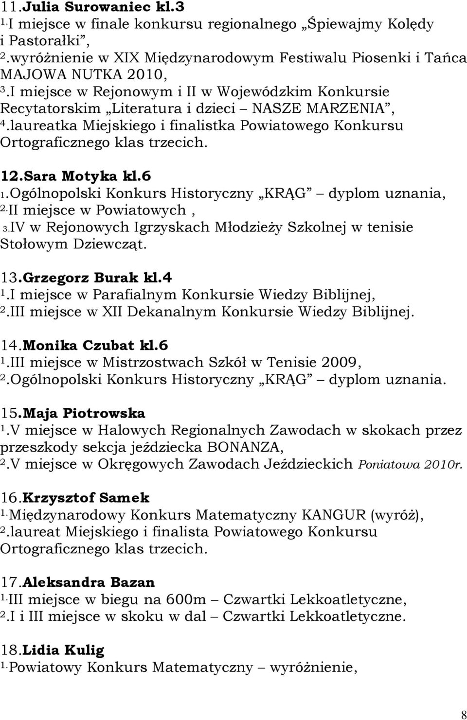 Sara Motyka kl.6 1.Ogólnopolski Konkurs Historyczny KRĄG dyplom uznania, 2.II miejsce w Powiatowych, 3.IV w Rejonowych Igrzyskach Młodzieży Szkolnej w tenisie Stołowym Dziewcząt. 13.Grzegorz Burak kl.