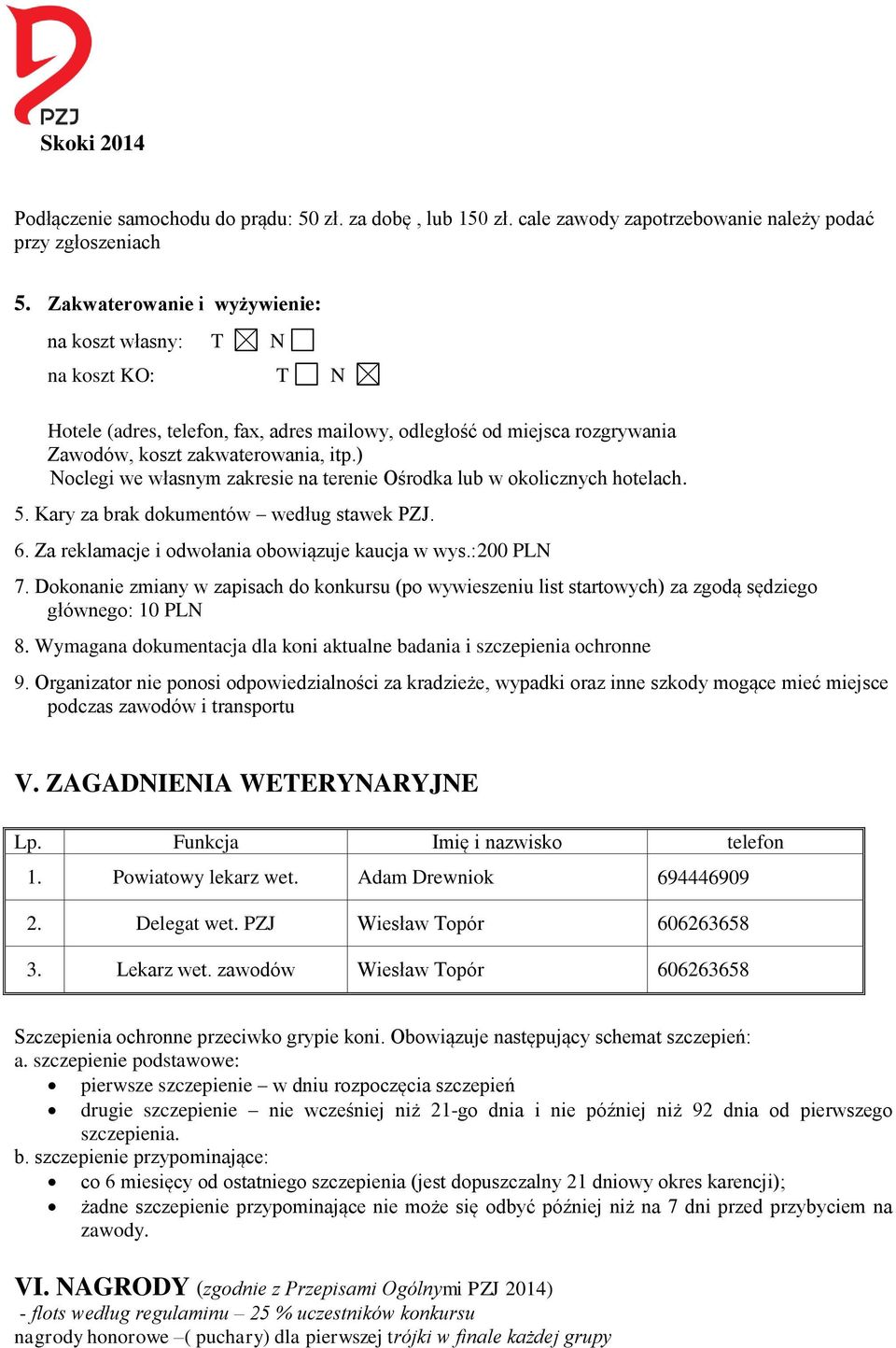 ) Noclegi we własnym zakresie na terenie Ośrodka lub w okolicznych hotelach. 5. Kary za brak dokumentów według stawek PZJ. 6. Za reklamacje i odwołania obowiązuje kaucja w wys.:200 PLN 7.