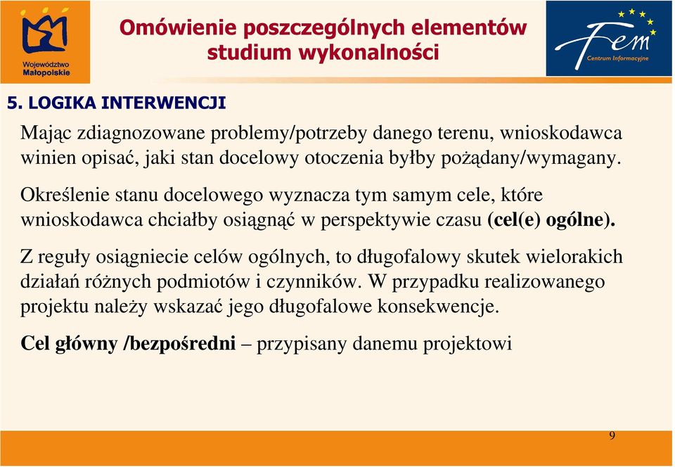 Określenie stanu docelowego wyznacza tym samym cele, które wnioskodawca chciałby osiągnąć w perspektywie czasu (cel(e) ogólne).