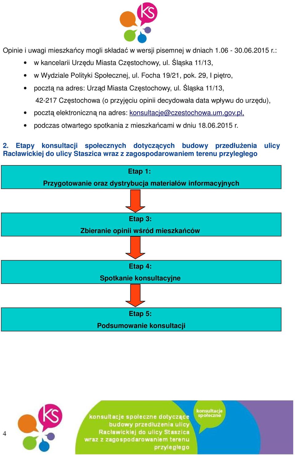 Śląska 11/13, 42-217 Częstochowa (o przyjęciu opinii decydowała data wpływu do urzędu), pocztą elektroniczną na adres: konsultacje@czestochowa.um.gov.