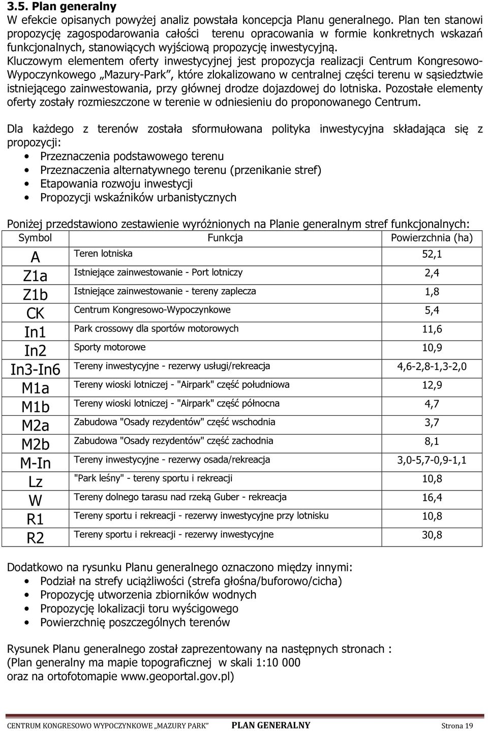 Kluczowym elementem oferty inwestycyjnej jest propozycja realizacji Centrum Kongresowo- Wypoczynkowego Mazury-Park, które zlokalizowano w centralnej części terenu w sąsiedztwie istniejącego