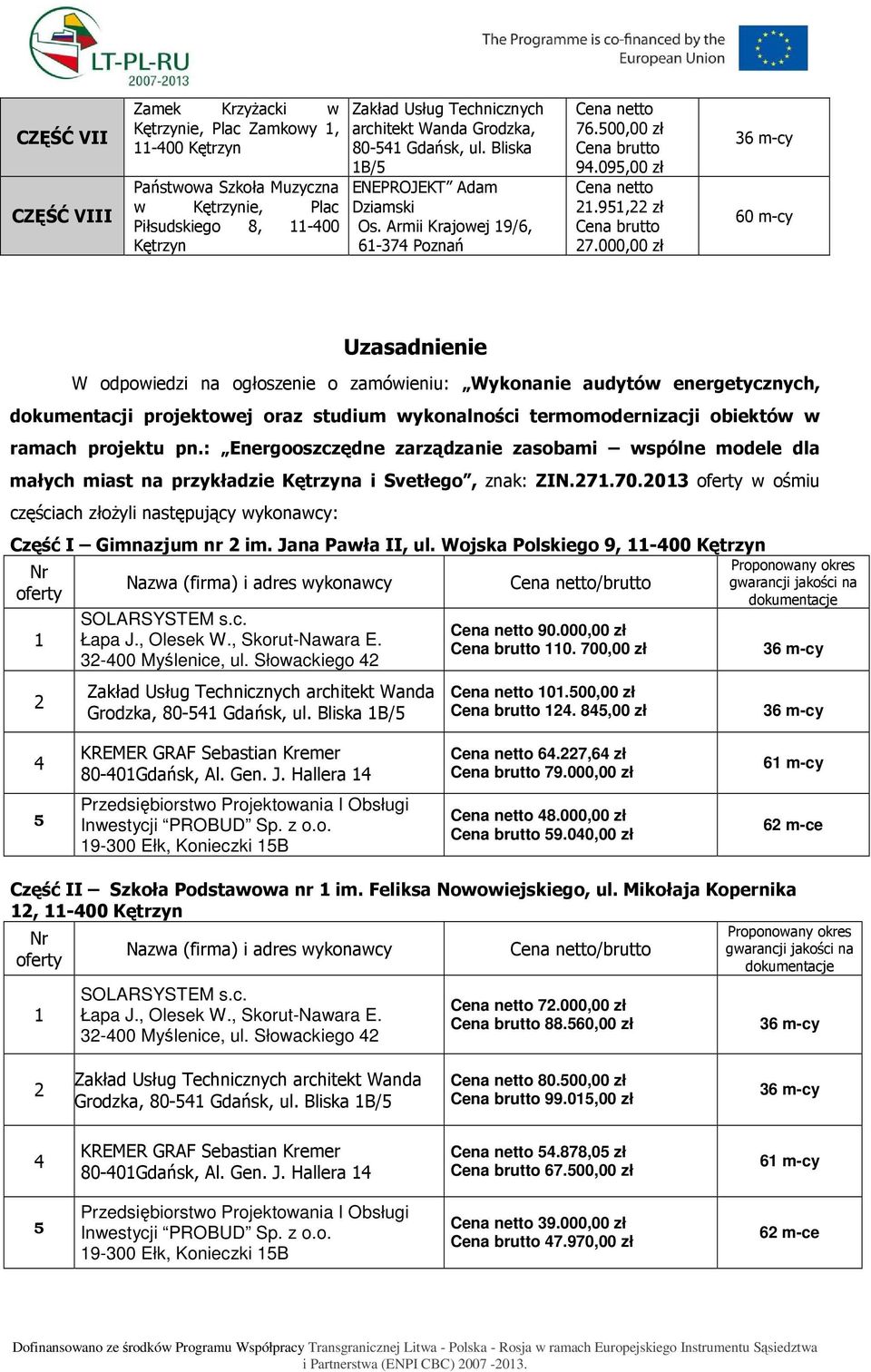 95, zł Uzasadnienie W odpowiedzi na ogłoszenie o zamówieniu: Wykonanie audytów energetycznych, dokumentacji projektowej oraz termomodernizacji obiektów w ramach projektu pn.