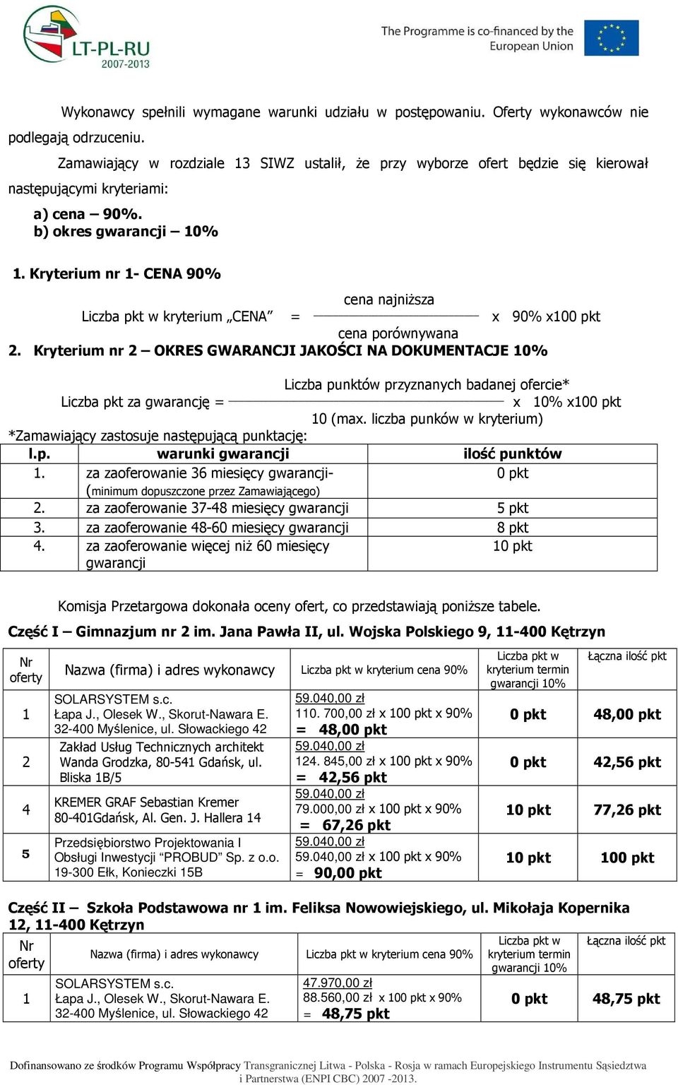 Kryterium nr - CENA 90% cena najniŝsza Liczba pkt w kryterium CENA = x 90% x00 pkt cena porównywana.