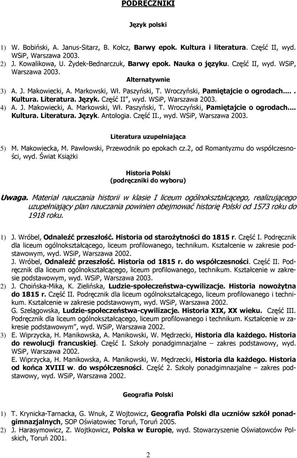 WSiP, Warszawa 2003. 4) A. J. Makowiecki, A. Markowski, Wł. Paszyński, T. Wroczyński, Pamiętajcie o ogrodach... Kultura. Literatura. Język. Antologia. Część II., wyd. WSiP, Warszawa 2003.