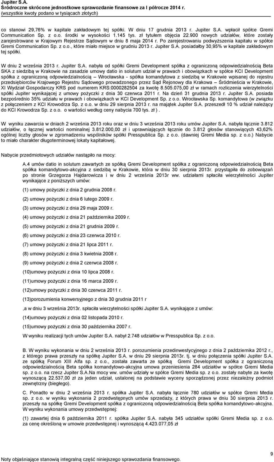Po zarejestrowaniu podwyższenia kapitału w spółce Gremi Communication Sp. z o.o., które miało miejsce w grudniu 2013 r. Jupiter S.A. posiadałby 30,95% w kapitale zakładowym tej spółki.