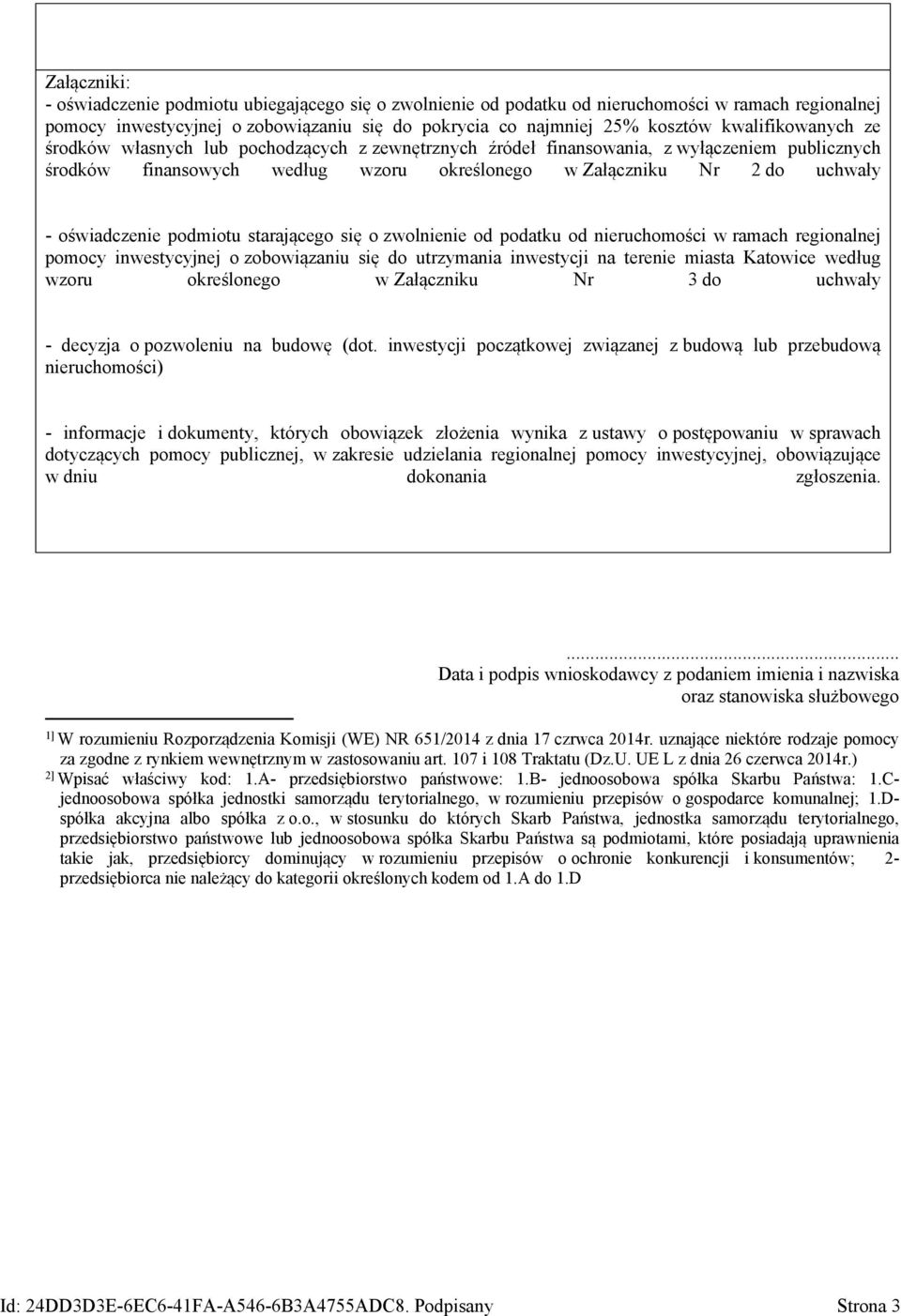 oświadczenie podmiotu starającego się o zwolnienie od podatku od nieruchomości w ramach regionalnej pomocy inwestycyjnej o zobowiązaniu się do utrzymania inwestycji na terenie miasta Katowice według