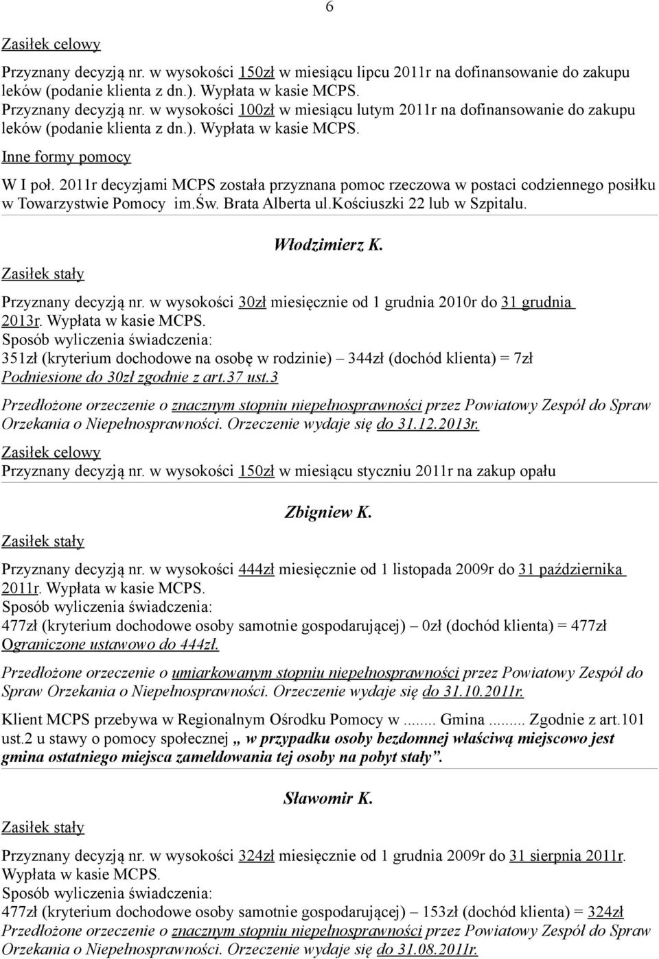 2011r decyzjami MCPS została przyznana pomoc rzeczowa w postaci codziennego posiłku w Towarzystwie Pomocy im.św. Brata Alberta ul.kościuszki 22 lub w Szpitalu. Włodzimierz K. Przyznany decyzją nr.