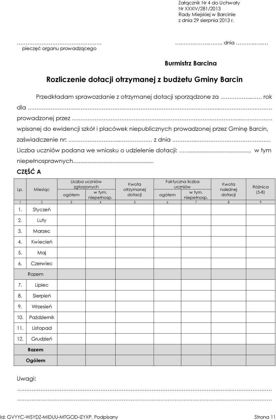 .. wpisanej do ewidencji szkół i placówek niepublicznych prowadzonej przez Gminę Barcin, zaświadczenie nr:... z dnia.. Liczba uczniów podana we wniosku o udzielenie dotacji:..., w tym niepełnosprawnych.