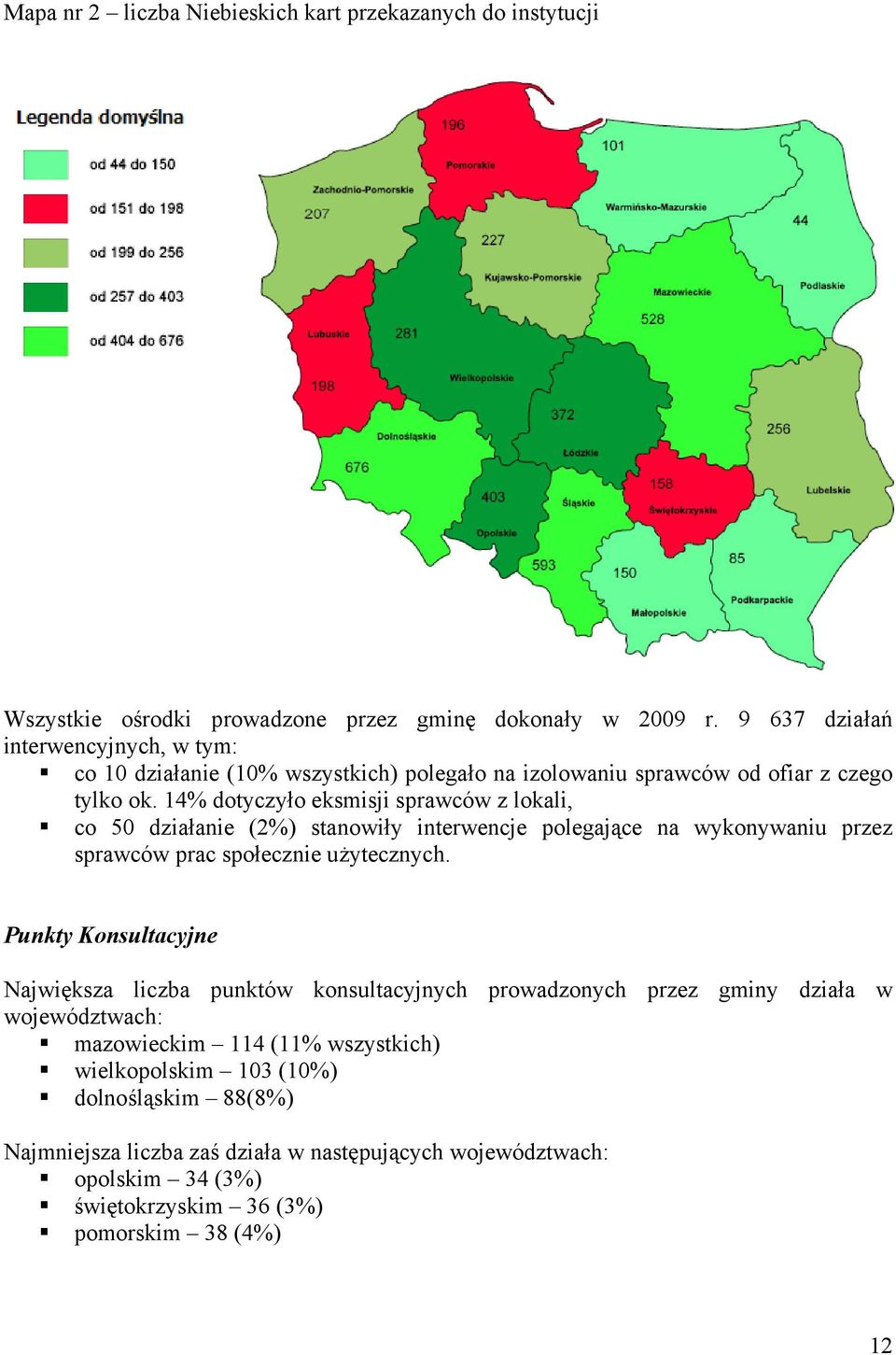 14% dotyczyło eksmisji sprawców z lokali, co 50 działanie (2%) stanowiły interwencje polegające na wykonywaniu przez sprawców prac społecznie użytecznych.