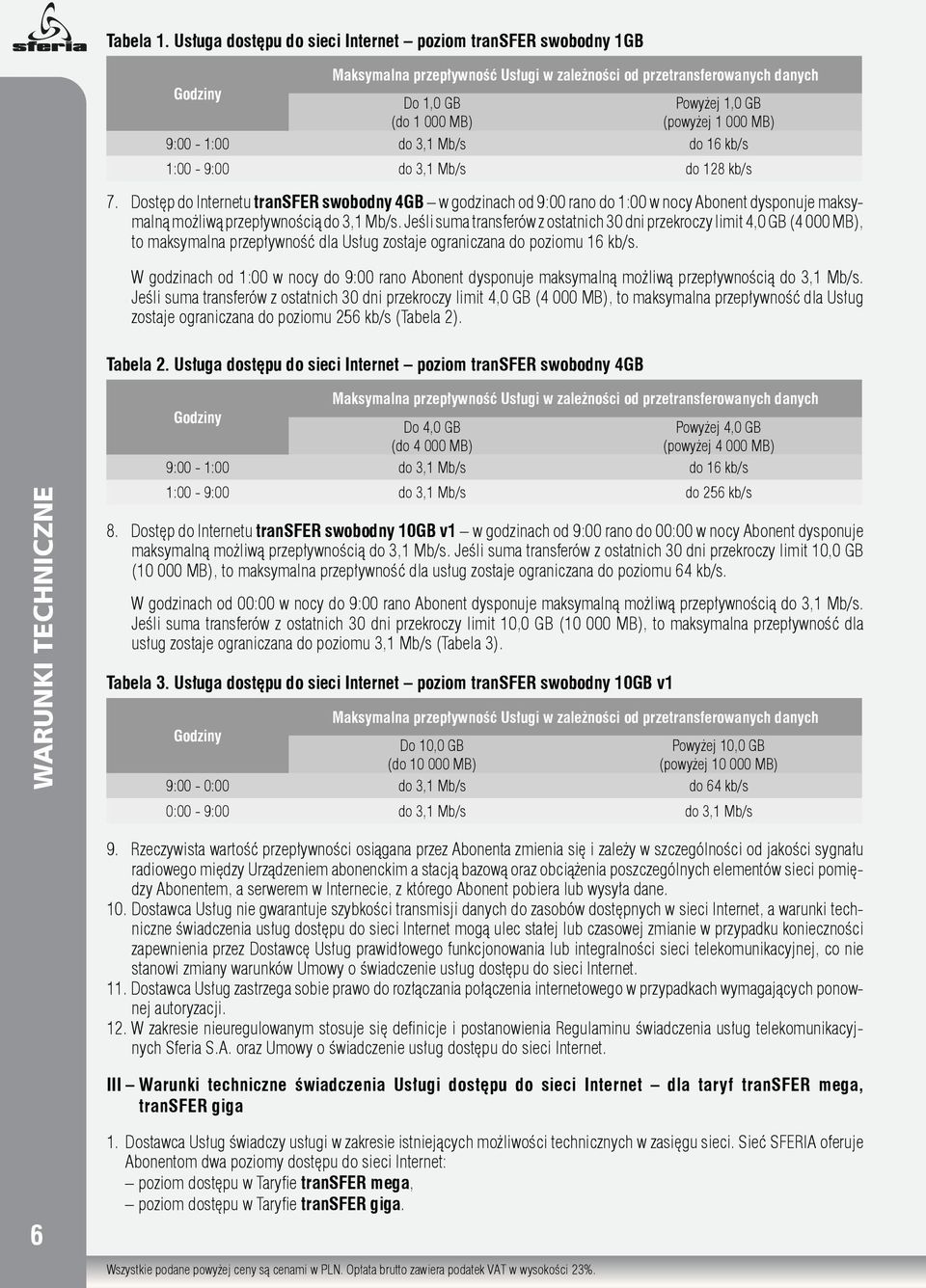 9:00-1:00 do 3,1 Mb/s do 16 kb/s 1:00-9:00 do 3,1 Mb/s do 128 kb/s 7.