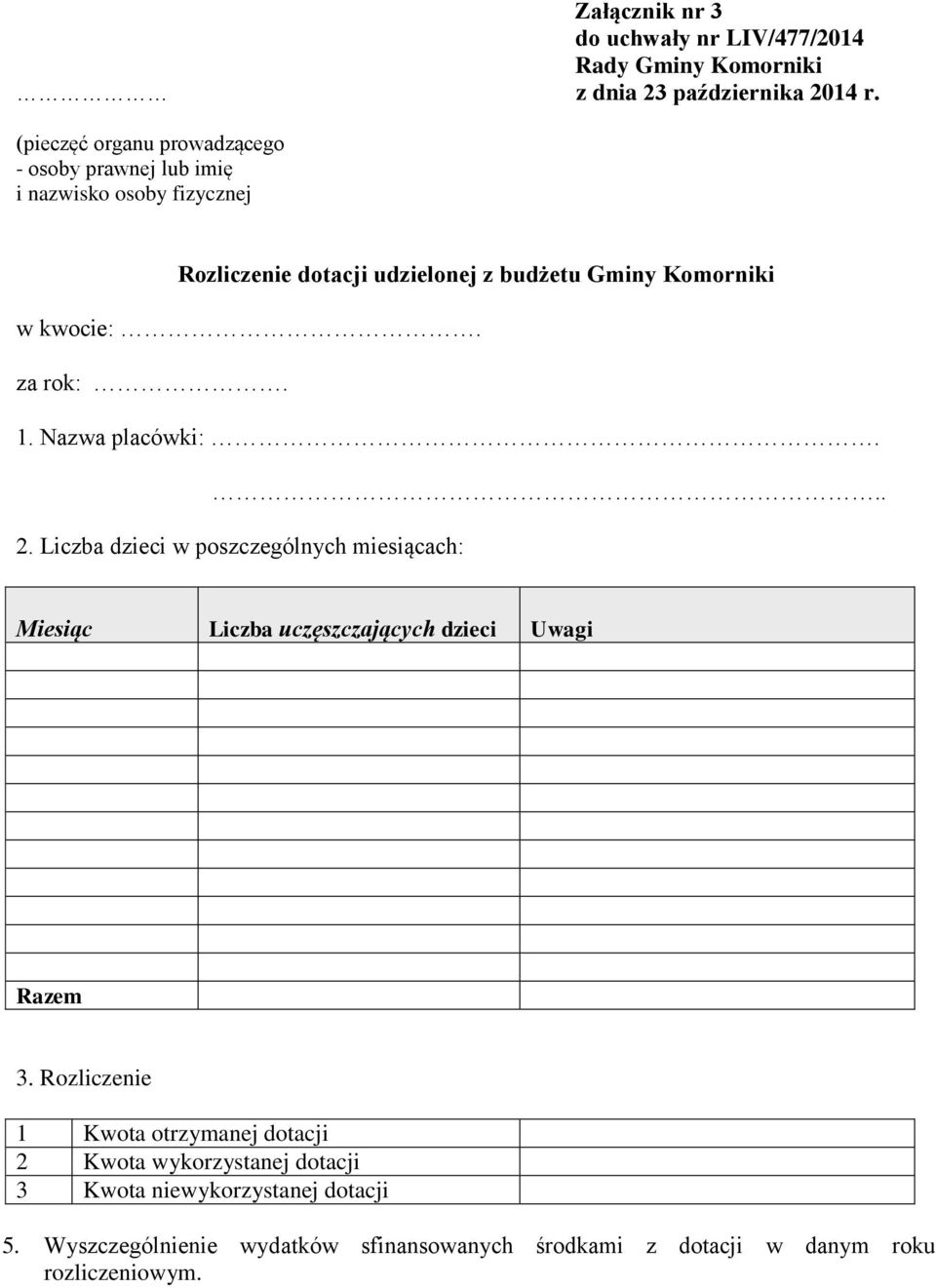 kwocie:. za rok:. 1. Nazwa placówki:... 2. Liczba dzieci w poszczególnych miesiącach: Miesiąc Liczba uczęszczających dzieci Uwagi Razem 3.