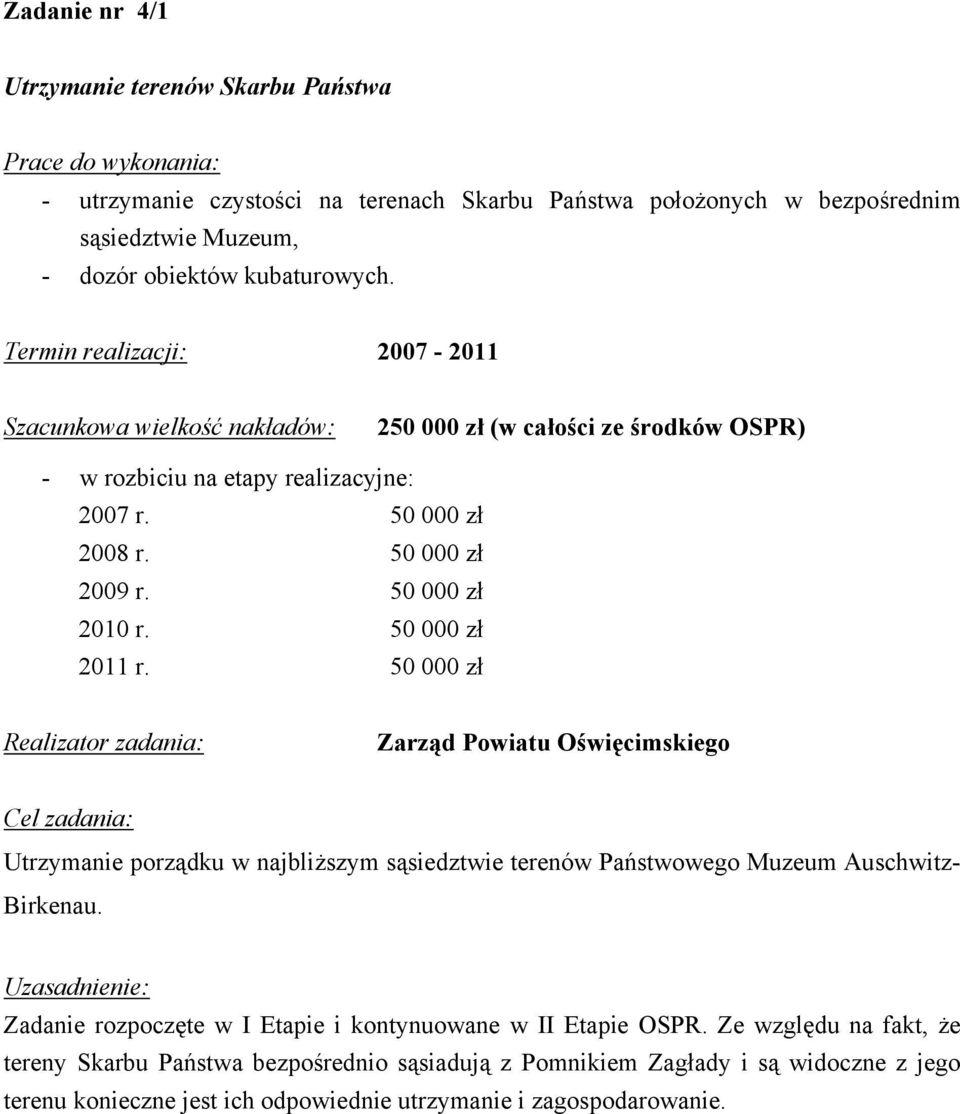50 000 zł 2011 r. 50 000 zł Realizator zadania: Zarząd Powiatu Oświęcimskiego Cel zadania: Utrzymanie porządku w najbliższym sąsiedztwie terenów Państwowego Muzeum Auschwitz- Birkenau.