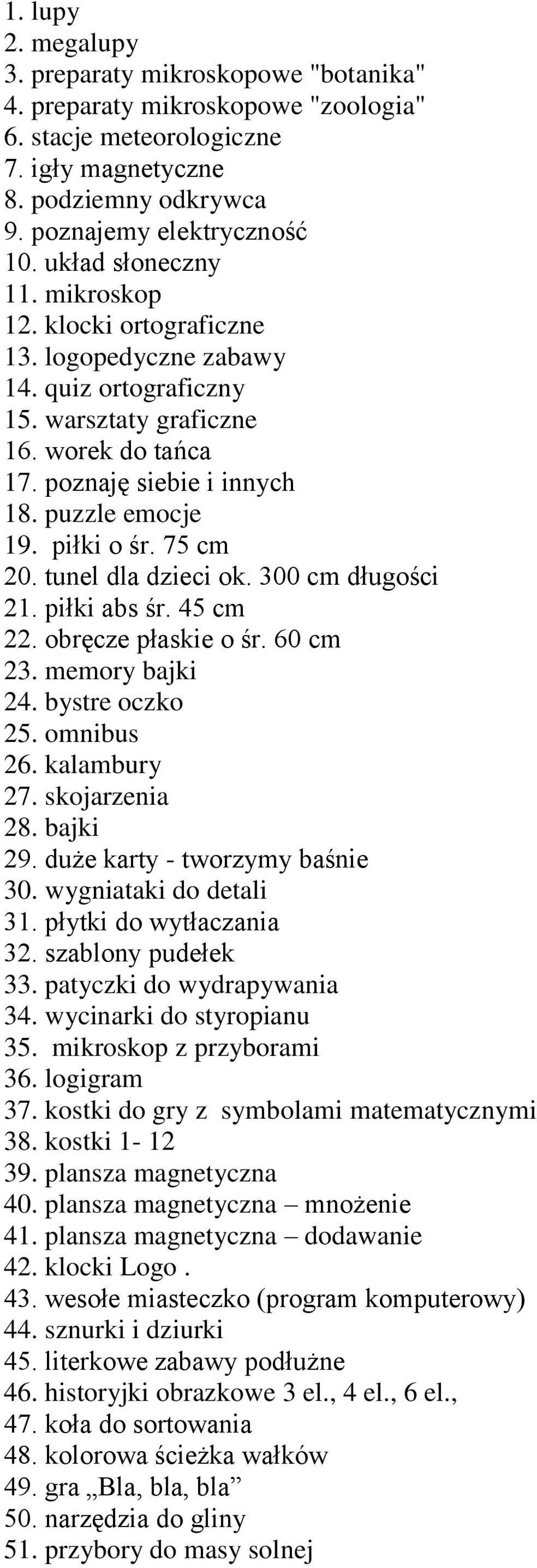 piłki o śr. 75 cm 20. tunel dla dzieci ok. 300 cm długości 21. piłki abs śr. 45 cm 22. obręcze płaskie o śr. 60 cm 23. memory bajki 24. bystre oczko 25. omnibus 26. kalambury 27. skojarzenia 28.