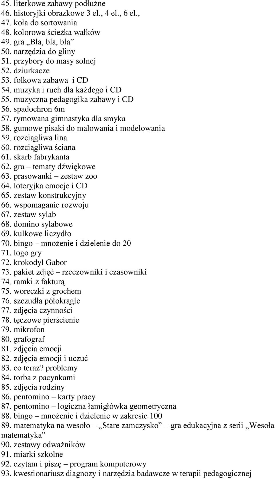 gumowe pisaki do malowania i modelowania 59. rozciągliwa lina 60. rozciągliwa ściana 61. skarb fabrykanta 62. gra tematy dźwiękowe 63. prasowanki zestaw zoo 64. loteryjka emocje i CD 65.