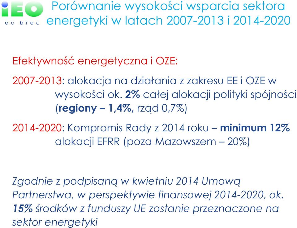 2% całej alokacji polityki spójności (regiony 1,4%, rząd 0,7%) 2014-2020: Kompromis Rady z 2014 roku minimum 12% alokacji