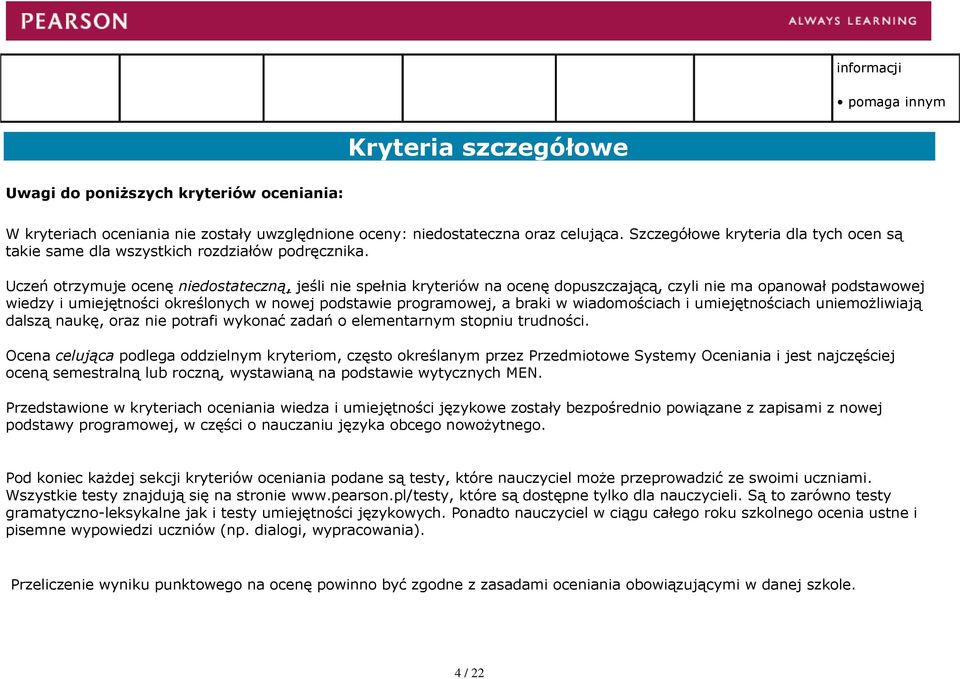 Uczeń otrzymuje ocenę niedostateczną, jeśli nie spełnia kryteriów na ocenę dopuszczającą, czyli nie ma opanował podstawowej wiedzy i umiejętności określonych w nowej podstawie programowej, a braki w