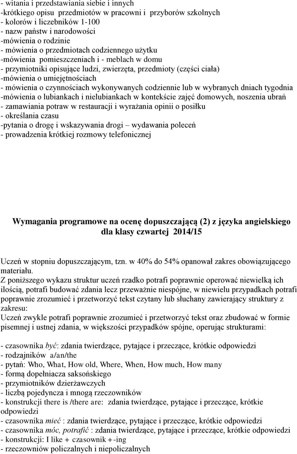 wykonywanych codziennie lub w wybranych dniach tygodnia -mówienia o lubiankach i nielubiankach w kontekście zajęć domowych, noszenia ubrań - zamawiania potraw w restauracji i wyrażania opinii o