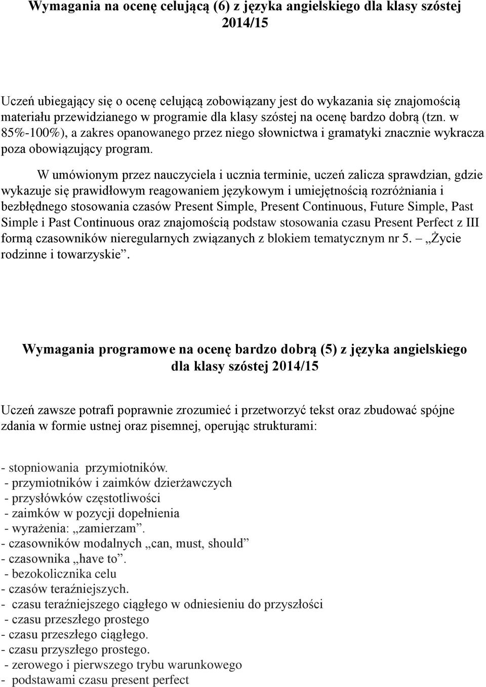 W umówionym przez nauczyciela i ucznia terminie, uczeń zalicza sprawdzian, gdzie wykazuje się prawidłowym reagowaniem językowym i umiejętnością rozróżniania i bezbłędnego stosowania czasów Present